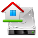 Icon of computer hard drive with graphic overlay of a home